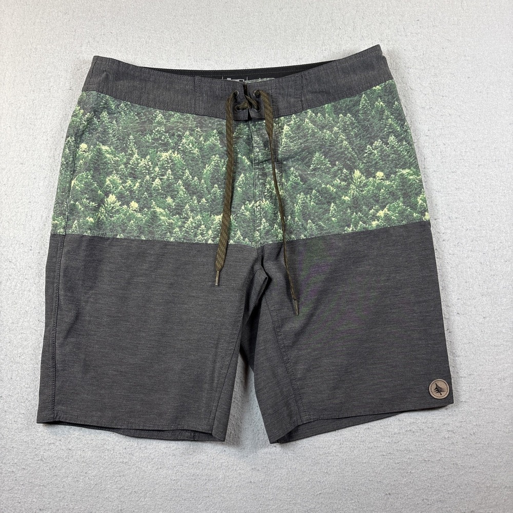 HippyTree Board Shorts Mens 32 Black& Green Trees Surf Swim Stretch